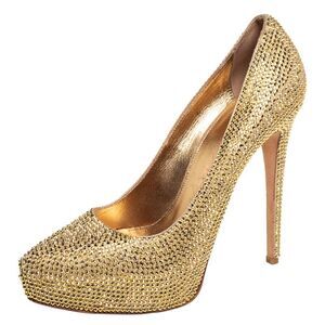 Le Silla Gold Suede Crystal Embellished Platform Pumps Size 38